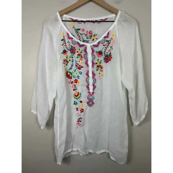 Johnny Was Floral Embroidered Half Button up Top White Sz Small Boho - Picture 2 of 7